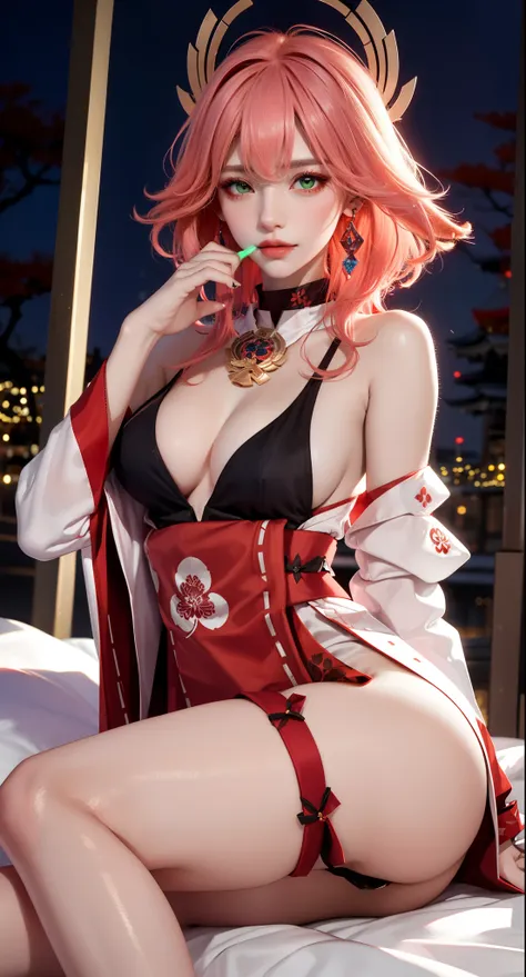 on bed, lying on bed sexy, (Masterpiece, Excellent, 1girl, solo, complex details, color difference), realism, ((medium breath)), off-the-shoulders, big breasts, sexy, Yae Miko, long pink hair, red headdress, red highlight, hair above one eye, green eyes, e...