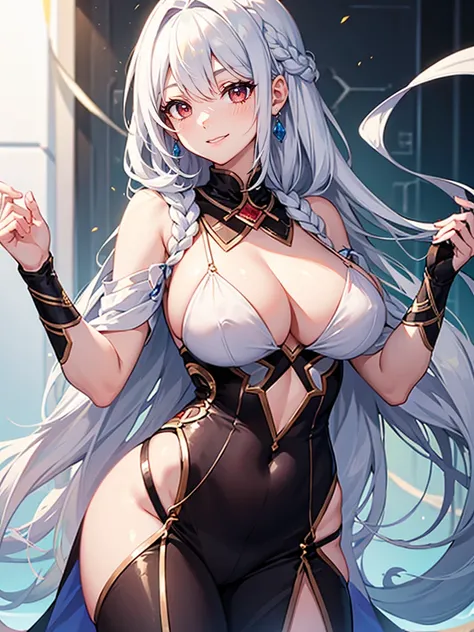 1girl, big breasts, curvy figures, smile, tie, white hairs, detailed red eyes, unbutton white shirt, braided hairstyle, high reasterpiece))