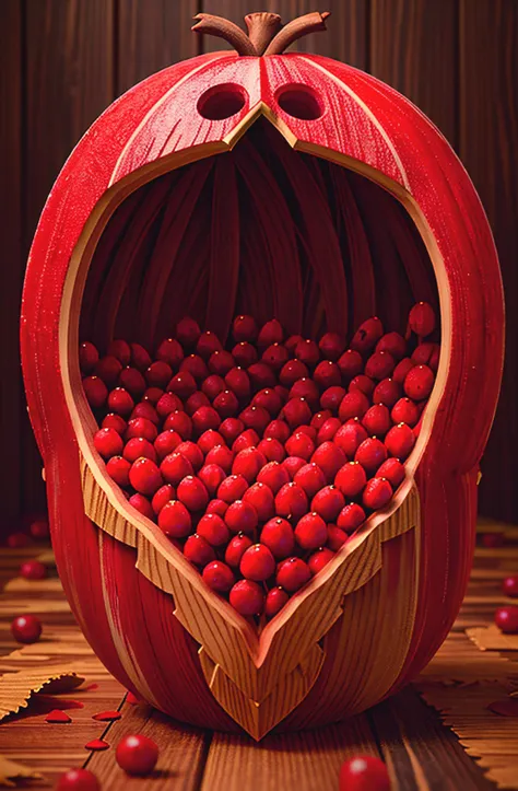 symmetrical wooden carved fruitynightmare red cranberries, wood shavings, vibrant colorful wet paint, octane render, unreal engine, highly detailed, intricate