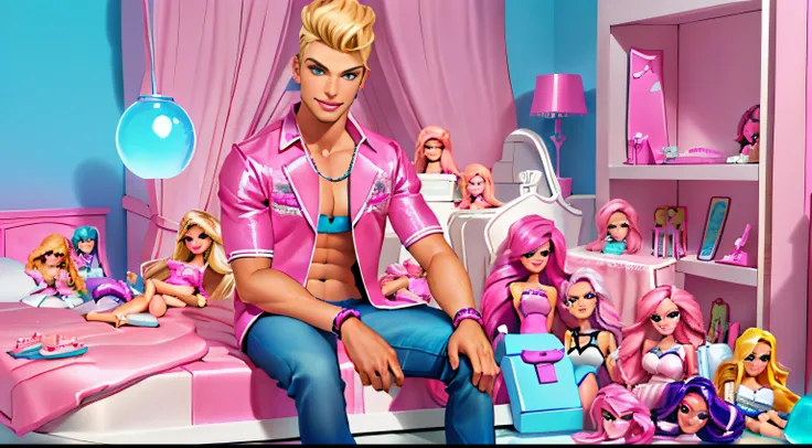 Arafed man in a pink room with many Barbie dolls., ken doll, barbie or ken doll, Foto comercial de juguete, lucas graziano, Barbie, Christian Cline, Monstruo Alto, inspirado por Tommaso Dolabella, Por Derek Zabrocki, Jamie Coreth, Jake Parker, Foto oficial...