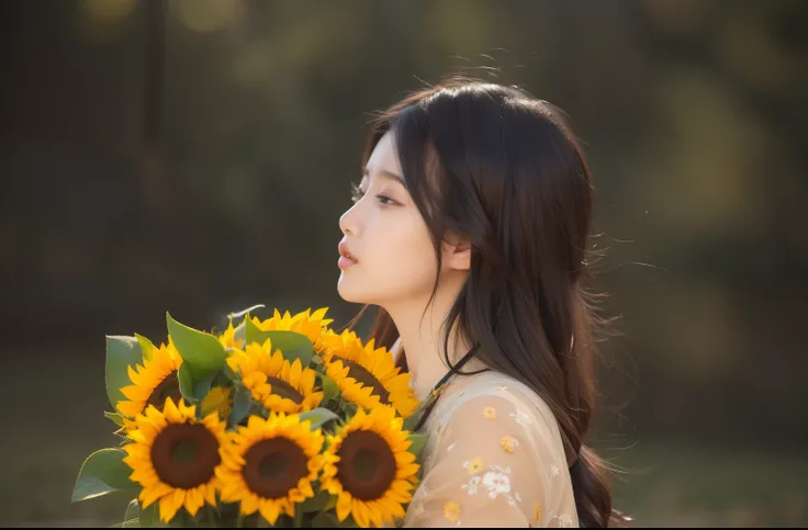 there  a woman holding a bunch of sunflowers in her hands, sunflowers in the background, with flowers, beautiful sunflower anime girl, bae suzy, sunflowers, ulzzang, beautiful image, korean artist, colors: yellow sunflowers, colors : yellow sunflowers, inf...