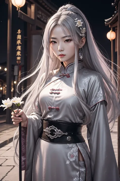 Masterpiece, Best, Night, Full Moon, 1 Female, Mature Woman, Chinese Style, Ancient China, Elder Sister, Royal Sister, Cold Face, Expressionless, Silver White Long Haired Woman, Pale Pink Lips, Calm, Intellectual, Three Belts, Gray Hitomi, assassin, dagger...