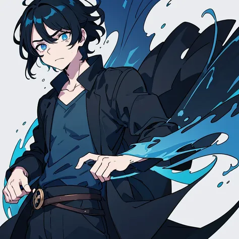 Anime style, anime art, man, male, short curly black hair, colored line art, pale skin, masculine features, colored line art, dark background, ominous, sad face, beautiful line art, long flowing dark blue and black clothes, blue eyes, colored line art, one...