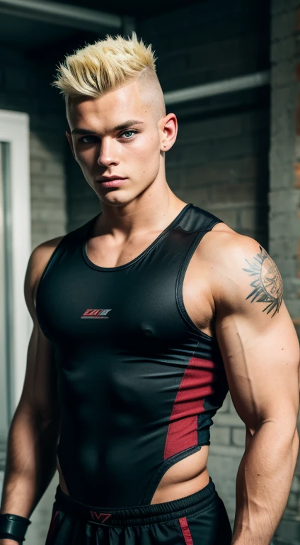 American teenager, 17 years old, blue eyes, blonde hair dyed deep red, mohawk cut, sharp features, height 1.83 weight 80 kg, muscular build, broad shoulders, V-shaped body, no hair, green snake tattoo on shoulder right and biker suit and tattoos.