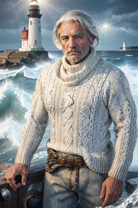 face portrait of an rugged (old fisherman:1.3), (face focus:1.5), (storm:1.2), (waves:1.3), ocean, (lighthouse background:1.3), (cowboy shot:1.4), (white turtleneck knitted sweater:1.3), looking at viewer, realistic, masterpiece, highest quality, backlight...