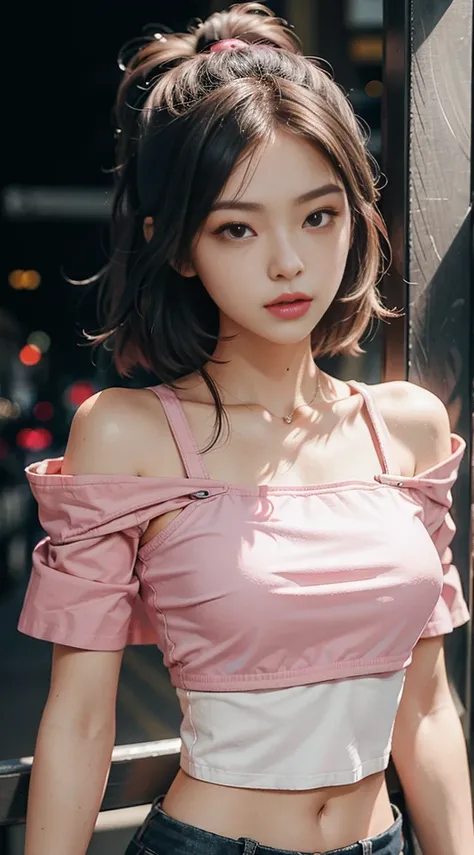 Best qualtiy，master-piece，ultra-high resolution，（fidelity：1.4），photogr RAW，1girll，eye brush，Crop top，Pink Off-the-Shoulders，Cinmatic lighting