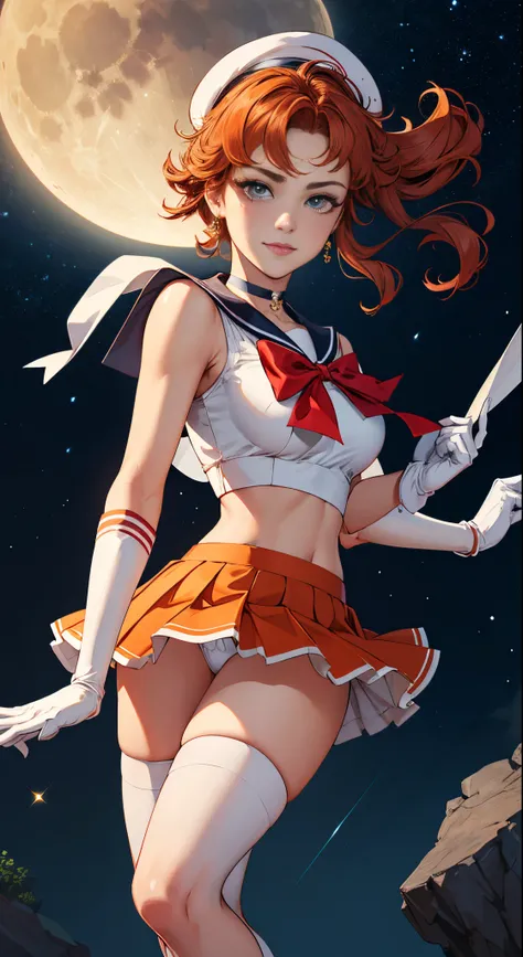 masutepiece, Best Quality, hight resolution, SV1, Sailor Senshi Uniform, Orange skirt, White panties visible from the miniskirt、White shorts、、elbow groves, tiarra, Pleated skirt, Flipping up a miniskirt, White panty、Red bow, orangechoker, White Gloves, Jew...