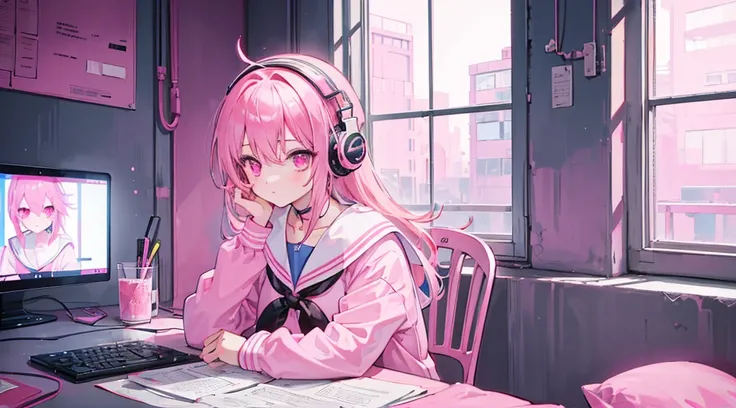 (1 girl, pink hair, pink eyes, sailor suit, headphone, studying), (pink cyberpunk, room with big window, pink neon)