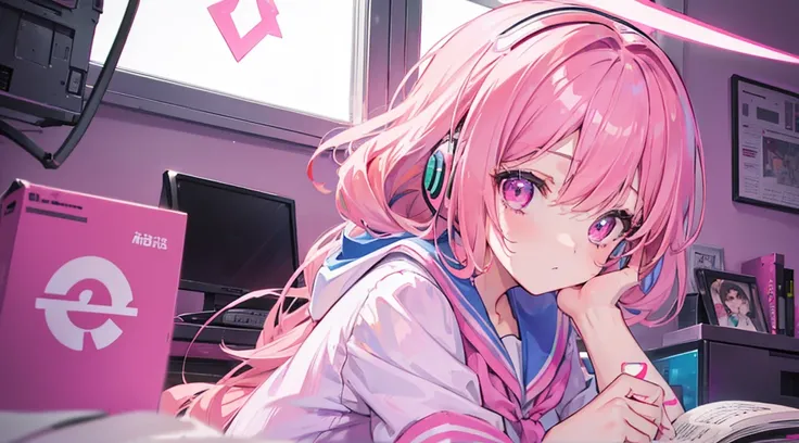 (1 girl, pink hair, pink eyes, sailor suit, headphone, studying), (pink cyberpunk, room with big window, pink neon)