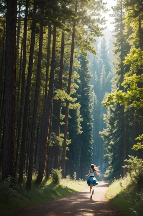 high resolution, (official art, beautiful and aesthetic: 1.2), close view, vast world, girl, running, refreshing smile, long skirt, distant horizon, forest, natural beauty, inspiration, light effect