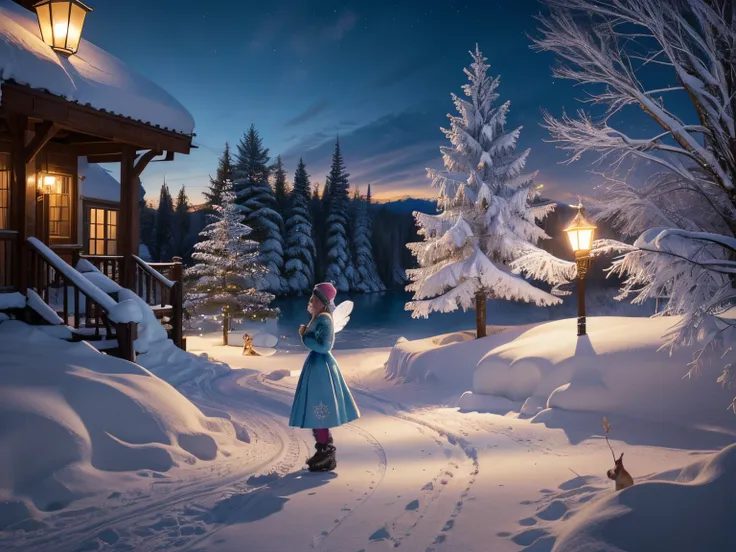 (a beautiful girl in the winter wonderland),(winter scenery),(snow-covered trees),(a frozen lake),(small animals: rabbits, squir...