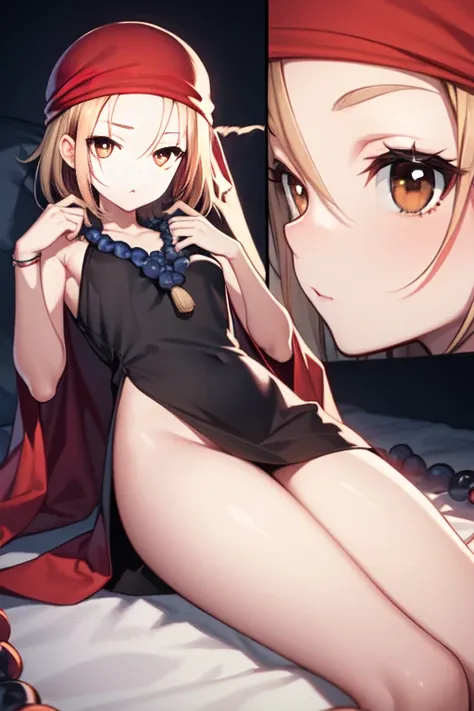 mont. Ana-hsien, Anna Yasuyama, Blonde hair, Short hair, (Brown eyes:1.7),
BREAK bandana, bead, Black Dress, Dress, prayer beads,
BREAK looking at viewer, Full body,
Break indoors,BREAK Eatable rice cracker piece:1.2), Best Quality, High resolution, Unity ...