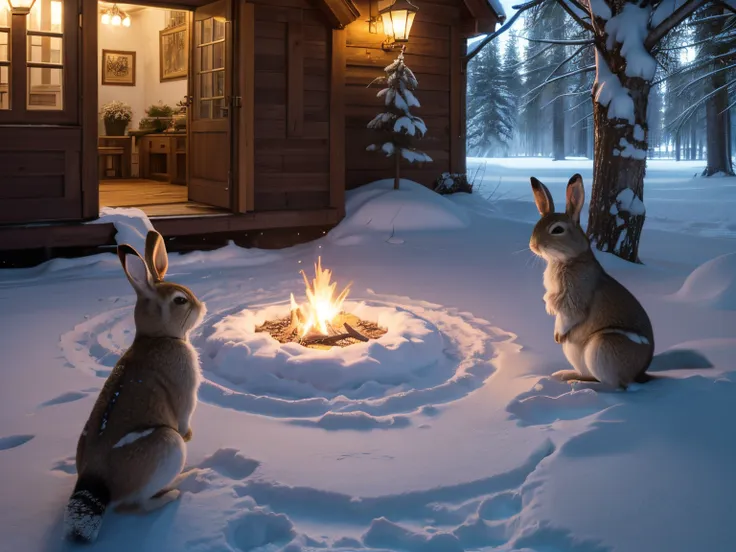 (a beautiful girl in the winter wonderland),(winter scenery),(snow-covered trees),(a frozen lake),(small animals: rabbits, squir...