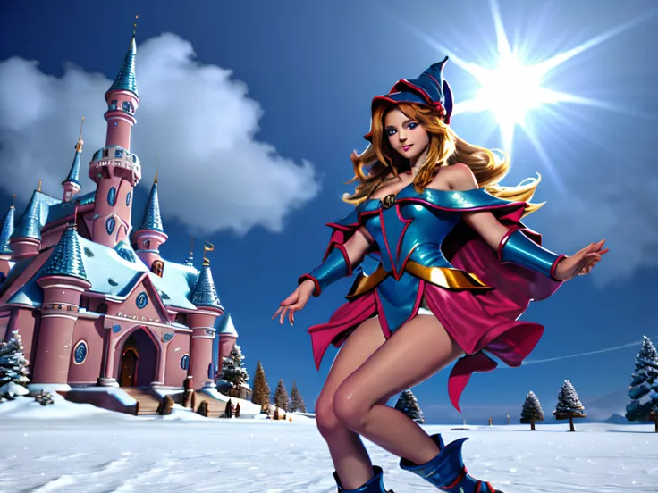 a beautiful girl in the winter wonderland, small animals, castle of sweets