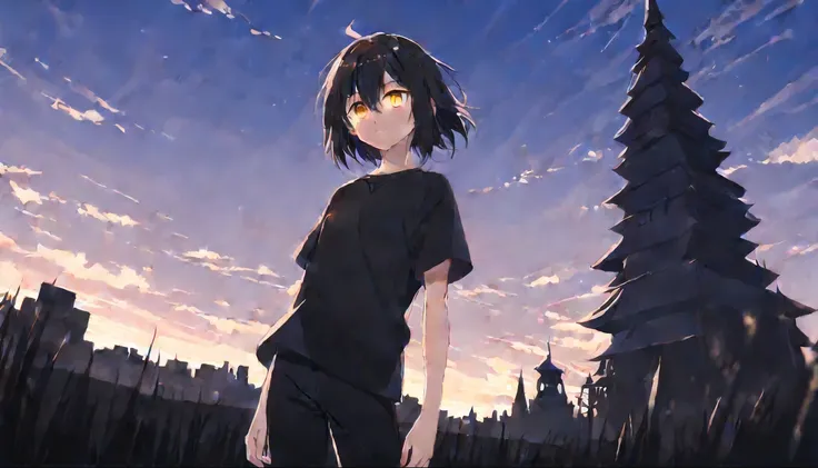 Black-haired anime girl with yellow eyes wearing black t-shirt black pants standing in the sky.