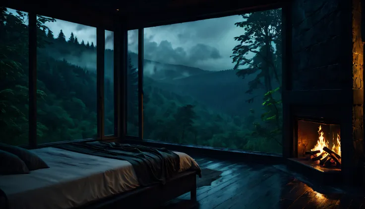 bedroom view with fire in the fireplace in the room, large windows overlooking the forest, quiet night. original image, rainy da...