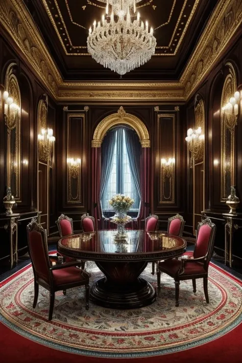 a mesmerizing scene where a sumptuous dining table stands against the backdrop of a grand opulent room. The table is adorned with exquisite silverware and dazzling crystal glasses filled with deep red wine. At the center, Rasputin sits, emanating an aura o...