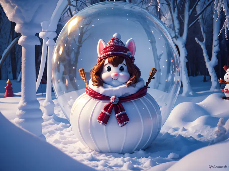 (a beautiful girl in the winter wonderland,small animals,castle of sweets),[illustrations],snow-covered trees,warm coat,earmuffs and scarf,sparkling snowflakes falling,rosy cheeks and red nose,smiling eyes and plump lips,[highres,photo-realistic],soft and ...