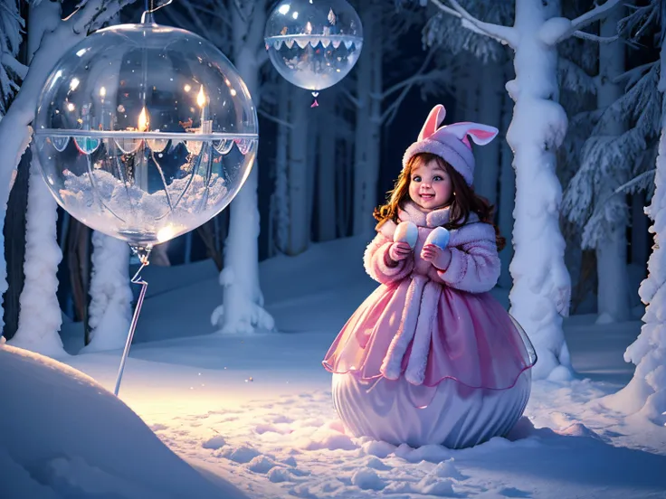 (a beautiful girl in the winter wonderland,small animals,castle of sweets),[illustrations],snow-covered trees,warm coat,earmuffs and scarf,sparkling snowflakes falling,rosy cheeks and red nose,smiling eyes and plump lips,[highres,photo-realistic],soft and ...