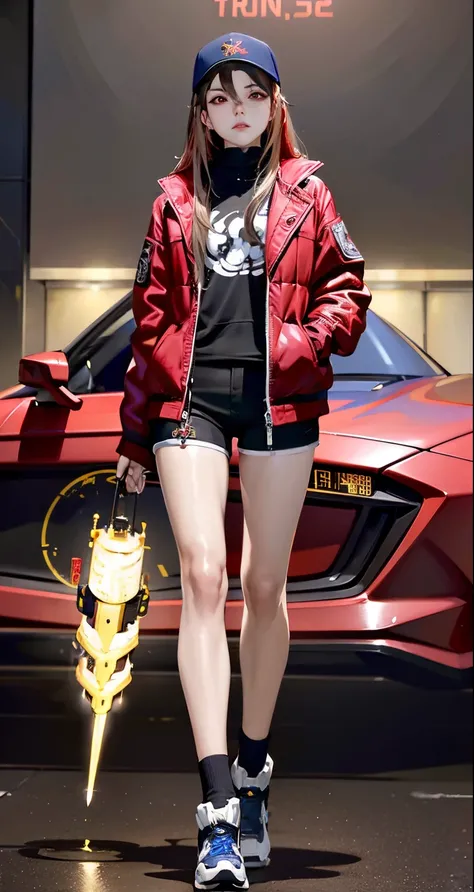 Boutiques,Best quality at best,golden jewelery,(foot slips out),Fairy skin,(Fidelity :1.2),Permanent,超詳細,actual,high qulity,cinematic lighitnglamplight,ray traycing,hyper HD,The upper part of the body, Girl in shorts and jacket standing next to giant robot...