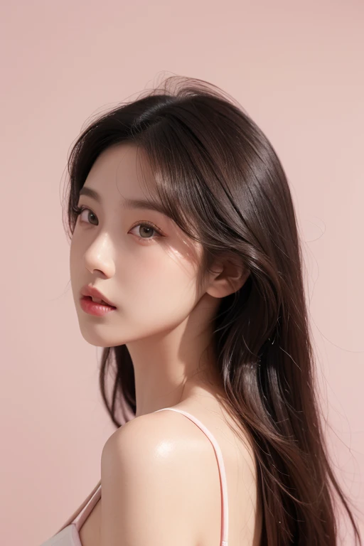 ultra high res, photorealistic:1.4, UHD, a beautiful 22 years old woman, face, grey eyes, clean pale skin, pink cheeks, straight nose, pink lib, shiny black long hair, white background, front view, upper body