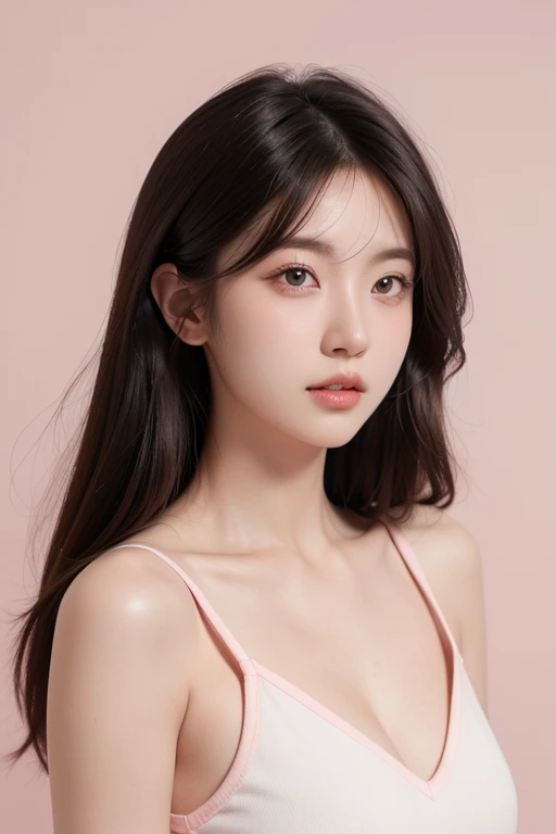 ultra high res, photorealistic:1.4, UHD, a beautiful 22 years old woman, face, grey eyes, clean pale skin, pink cheeks, straight nose, pink lib, shiny black long hair, white background, front view, upper body