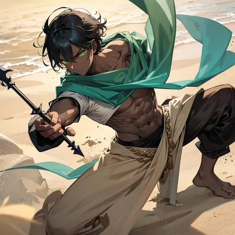 Anime tall man, masculine man, one person, cold look, calm, deep green eyes, dark skin, loose and flowing clothes, muscular build, dessert, sand, sand dunes, traditional clothes, layered clothes, sand blowing, dry, sand mask over mouth, green clothes, shor...