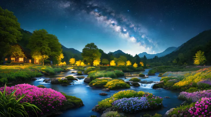 tmasterpiece, Best quality, high high quality, extremely detaild的 CG unified 8k wallpapers, Extremely colorful、pure fantasy environment，Vibrant hues and bright night sky, sky full of stars, Bright green grass landscape, Colorful trees, Sparkling fruit, and...