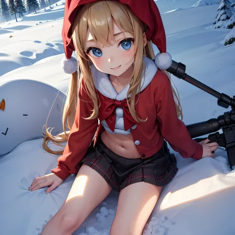 (masuter piece, Best Quality), 10years old girl, Lori, Petite, valley,Schoolgirl, a blond,Twin-tailed,Santa figure,Reindeer headband,up skirt, printed panties, lie face down on a mountain of snow, from behind, small bottom, a park, Smile, Fun, Volumetric l...