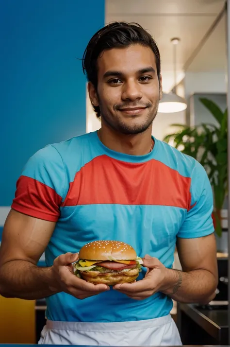 A 30-year-old Brazilian man eating hamburger in a modern cafeteria with interior decorated in blue and red colors. Hes happy, looking at the camera. Super detailed, photo.