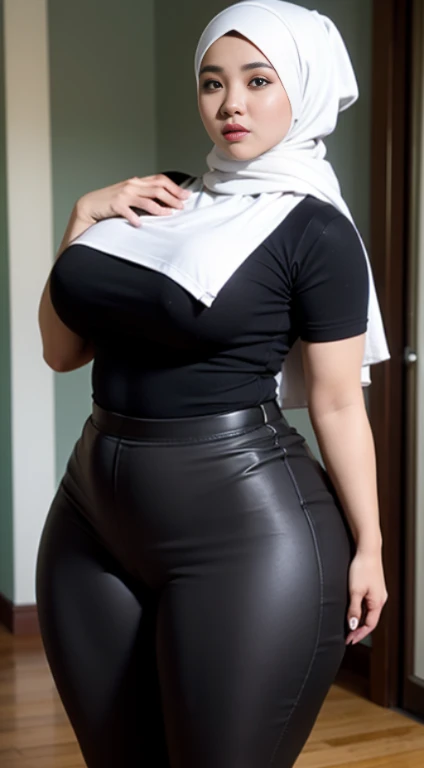 beautiful chubby Malay girl wearing a hijab, perfect big breasts, wearing a tight t-shirt, big sexy thighs, big sexy ass, wearing leggings black skirt, ultra detailed