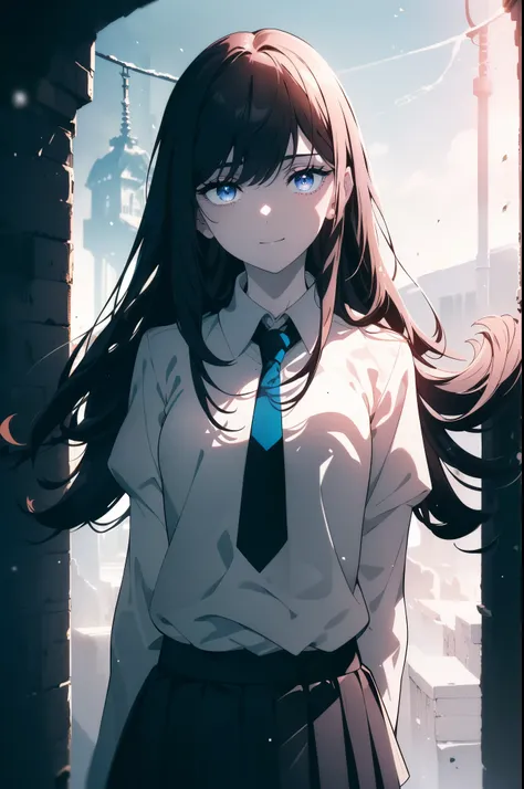 (Obra maestra, La mejor calidad, ultrahigh resolution), 1girl, standing, school uniform, white office shirt, black pleated skirt, ((light brown, light brown hair:0.7), long hair cut, pale skin, ((blue eyes)), glowing_eyes, neon eyes, (ultra detailed eyes, ...