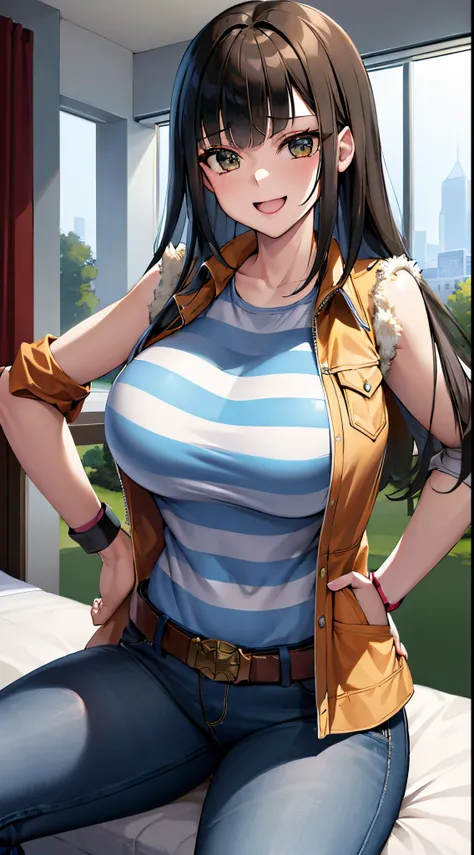 (masterpiece, best quality:1.2), cowboy shot, solo, 1girl, carly nagisa, open mouth, hands on hips, long black hair, brown sleeveless jacket, open jacket, ((striped shirt)), jeans, wristband, bedroom,bed, sitting,smiling,embarrassed ,big tits