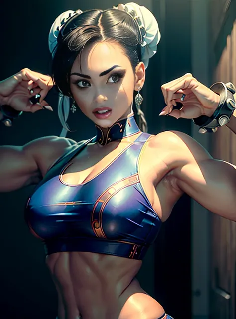 ((best quality)), ((master part)), ((Realistic)) foto corpo enteiro, and ultra-detailed photograph of a girl with gothic colors. Chun- li， ((Chun- li)), Vestido em (micro-fio dental preto pequeno, motivo micro-bikintar preto ) , ((Beautiful and Aesthetic))...