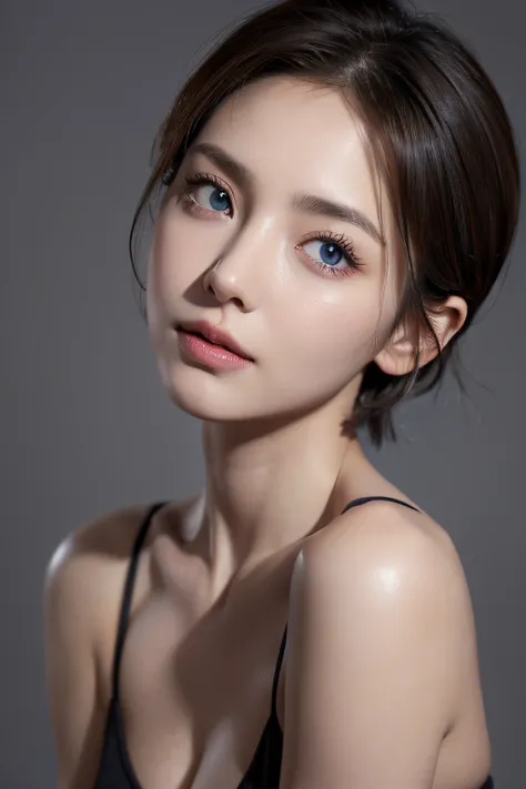 Skin Tight Top:1.2, Looking at Viewer, Cinematic lighting, Perfect, softlight, High resolution skin:1.2, Realistic skin texture, 30 years old mature woman、a small face、no-makeup、 off shoulders,Bust B Cup、 Exposed cleavage, Small breasts、Blue eyes, Short ha...