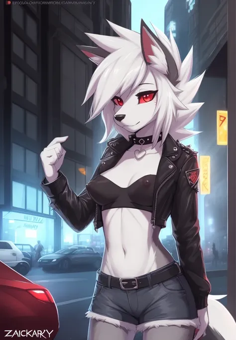 zackary911, by zackary911, anthro, lycanroc, hellhound, ((dark grey fur)), female, solo, 1woman, ((very small breasts)), ((tiny breasts)), denim shorts, ((tube top)), ((leather jacket)), husky tail, ((shaggy hair)), ((white hair)), on e621, choker, leather...