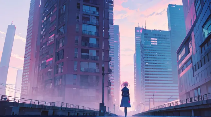 pink and blue sky, cyberpunk building silhouette, back view of girl, anime scene