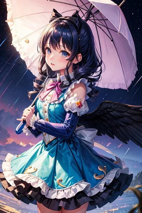 Araffe girl in a blue dress holds an umbrella in the air, magic uniform, Portrait of a magical Lolita girl, shikamimi, sakimi chan, University Magic Uniform, shiori teshirogi, lunar themed attire, loli, official artwork, Beautiful Angels, Raining, chiho, b...