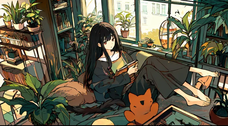 a girls, from above, plant, black hair, cat, lying, indoors, holding, long sleeves, long hair, stuffed toy, potted plant, book, ...