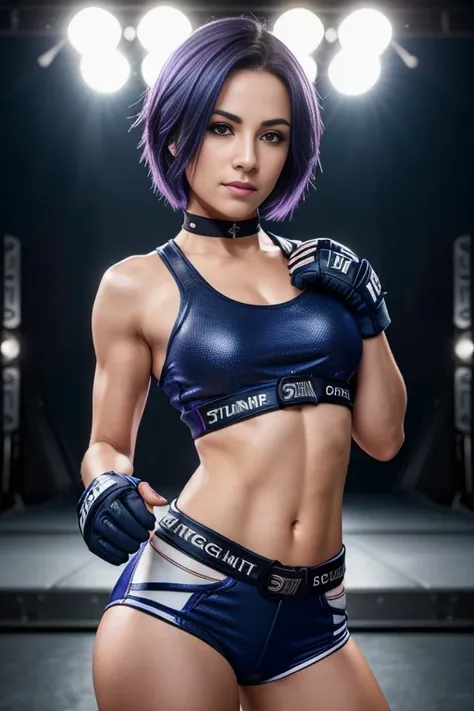 wmma, fingerless gloves, woman, short hair, indigo hair, midriff, toned, stage lights, fence,  (sharp focus:1.2), portrait, ((posing)), (beautiful face:1.1), detailed eyes, luscious lips, ((skindentation)), (bright studio lighting:1.2), depth of field, bok...