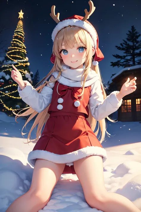 (masuter piece, Best Quality), 10years old girl, Lori, Petite, valley,Schoolgirl, a blond,Twin-tailed,Santa figure,Reindeer headband,up skirt, printed panties, lie face down on a mountain of snow, from behind, small bottom, a park, Smile, Fun, Volumetric l...