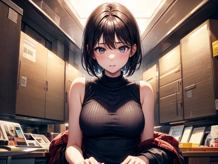 Sleeveless knitwear,32-year-old woman,A dark-haired,Shorthair,Emphasis on the chest,1人の女性