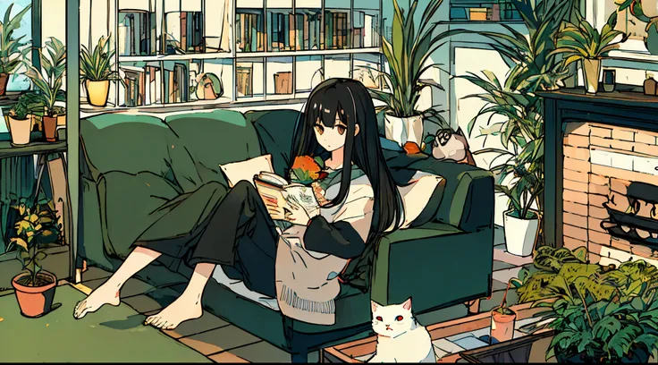 a girls, from above, plant, black hair, cat, lying, indoors, holding, long sleeves, long hair, stuffed toy, potted plant, book, food, window, phone, loaded interior, television, short hair, on back, stuffed animal, bangs, slippers, barefoot, sitting, books...