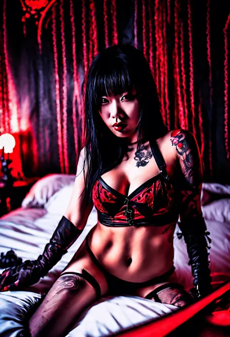 best quality ,magnificent, dark shadowy night, gothic mansion bedroom illuminated by a single candle beautiful gothic Asian vampire woman with yakuza style tattoo all over her body wearing black and red leather thong bikini and black fishnet stockings with...