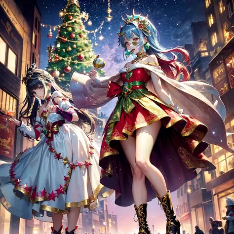 2 girls are magical wizards, Dynamic action, trick angle art, (The face and appearance are different and asymmetrical:1.4), (Main theme Magical Girl Wars:1.3), Whimsical Magical Girl Enchantress, Layered dress imitating magical gift branches, Ornaments and...