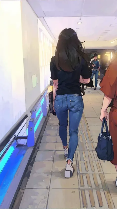 2 women walking down a long hallway with luggage bags, black extremely tight jeans, Tight blue jeans and cool shoes, Wearing jeans, tight denim jeans, uhd candid photo of dirty, she came back to us, walking away from camera, jeans, walking away from camera...