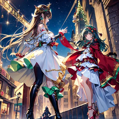 2 girls are magical wizards, Dynamic action, trick angle art, (The face and appearance are different and asymmetrical:1.4), (Main theme Magical Girl Wars:1.3), Whimsical Magical Girl Enchantress, Layered dress imitating magical gift branches, Ornaments and...