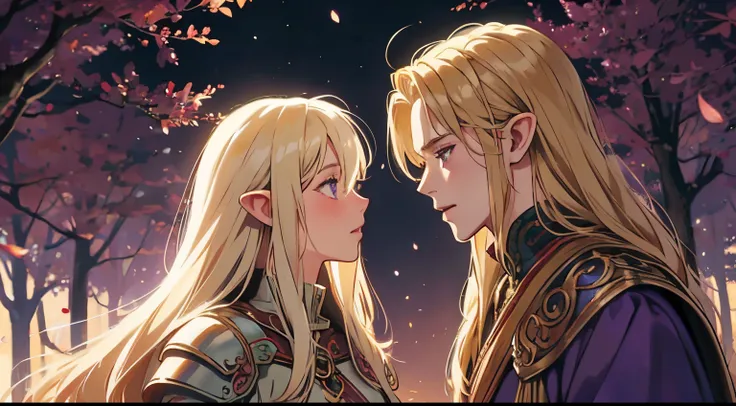 Forest background, Beautiful male high elf, long blond hair, profile, looking face to face,
 female purple skin tiefling, surprised, shocked, blushing, woman armor
Magic art
Anime