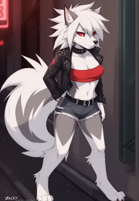 zackary911, by zackary911, anthro, lycanroc, hellhound, ((dark grey fur)), female, solo, 1woman, ((very small breasts)), ((tiny breasts)), denim shorts, ((tube top)), ((leather jacket)), husky tail, ((shaggy hair)), ((white hair)), on e621, choker, leather...