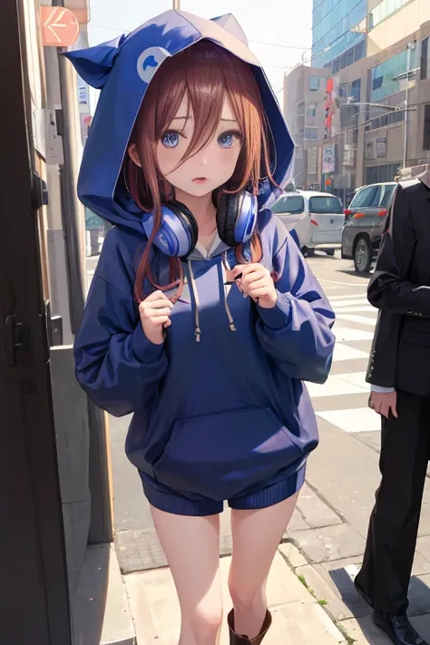 best qualtiy、​masterpiece、well-drawn hands、 well-drawn legs, well-drawn feet、Miku、shy face、Medium chest、Blue Hoodie、wearing a bed phone around the neck、Wearing a hood、shortpants、Black tights、brown short boots、Walking around the city